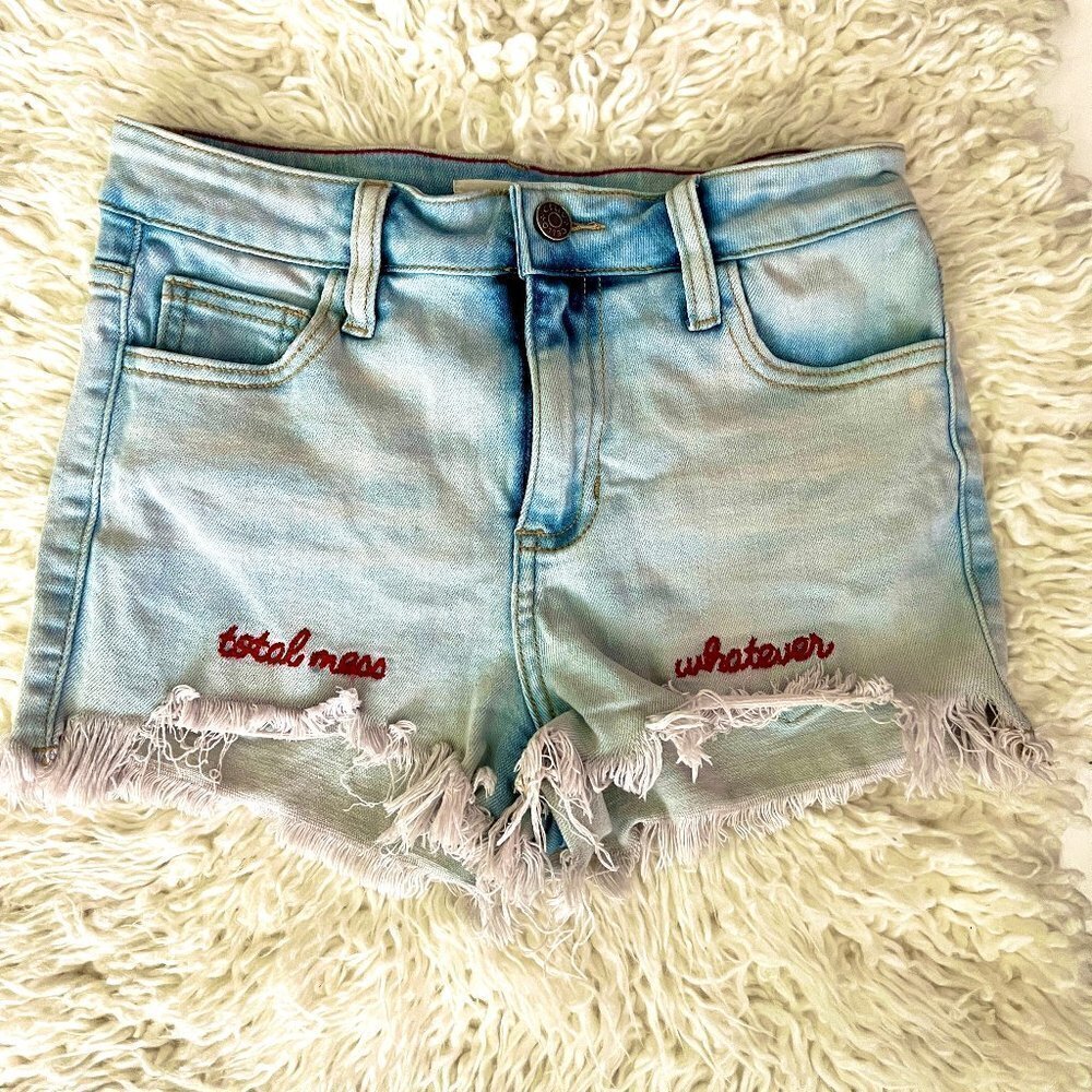Cello Distressed Denim High Waist Jean Shorts with cute saying😍👀